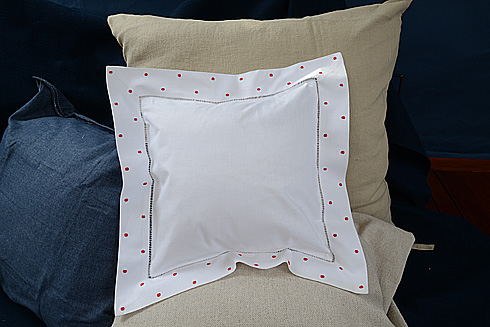 Hemstitch Square Baby Pillow 12x12" Red color Polka Dots - Click Image to Close